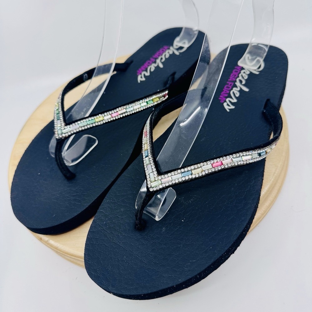Skechers Meditation Desert Yoga Flip Flops Womens 10 Black Rhinestone Sandals